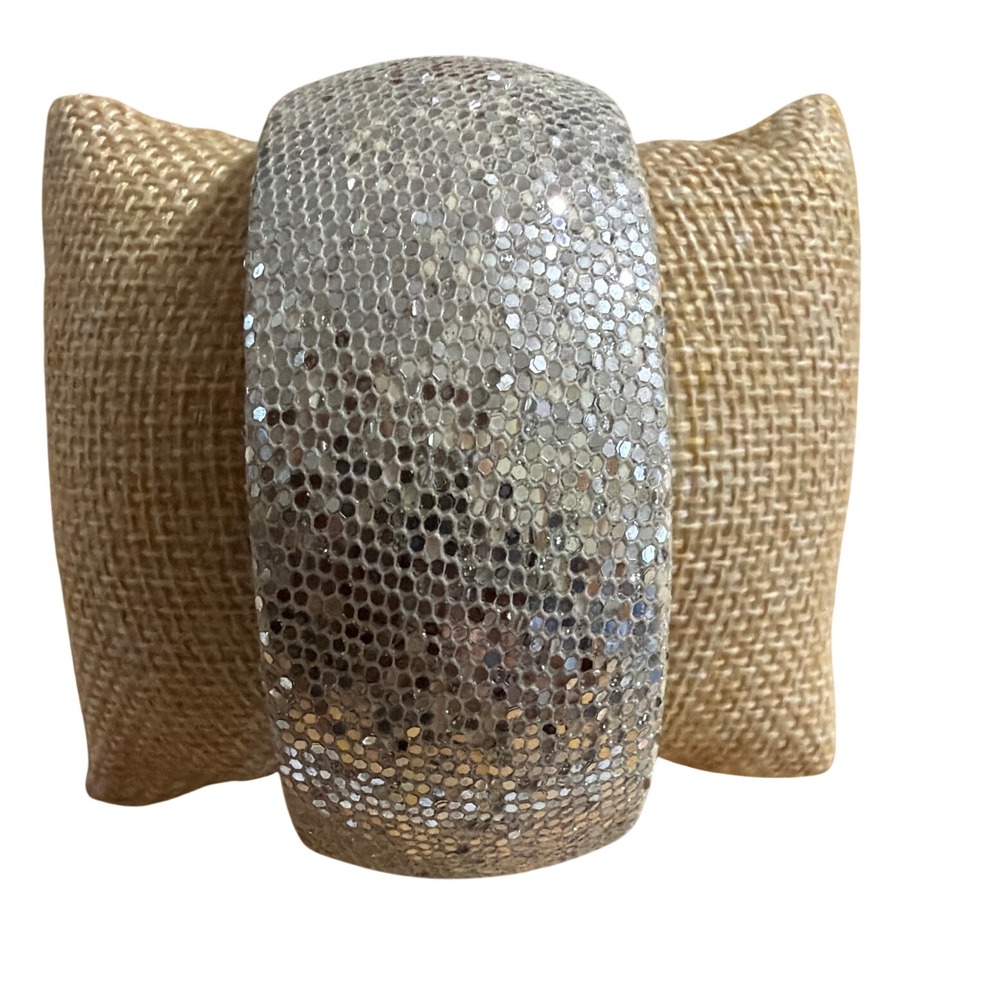 Silver Glitter Textured Chunky Bangle Bracelet Glam Disco Statement Jewelry